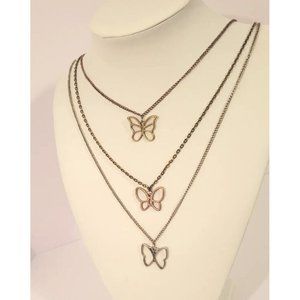 Brass Copper Silver Tone Butterflies Three Pendant Chain Necklace Pre-owned